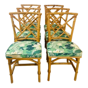 Vintage Coastal Rattan Dining Chairs, Reupholstered, Set of Six
