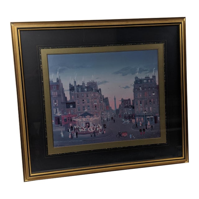 Late 20th Century Michel Delacroix "Carousel" Framed Paris Street Scene Lithograph, Signed in Plate For Sale
