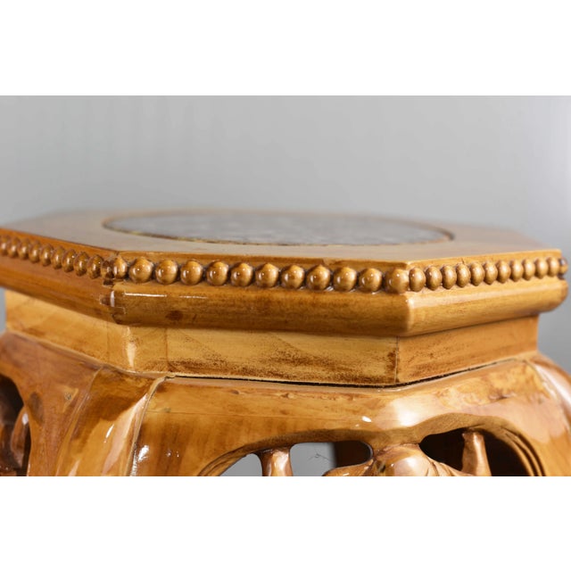 Brown Mid Century Chinoiserie Carved Wood Marble Top Plant Stand Pedestal Table - a Pair For Sale - Image 8 of 12