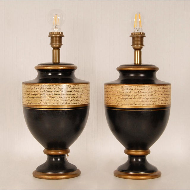 Mid-Century Modern Vintage French Lamps Ceramic Baluster Vase Lamps Black Gold Cream - A Pair For Sale - Image 3 of 10
