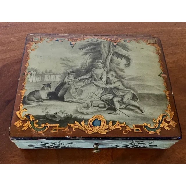 Wood Antique 18th Century Belgian Grand Tour Lacquer Paint Decorated Wood Jewelry Trinket Box For Sale - Image 7 of 13