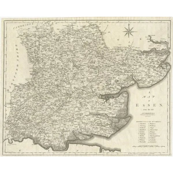 Antique map titled 'A Map of Essex from the best Authorities'. Original old county map of Essex, England. Engraved by John...