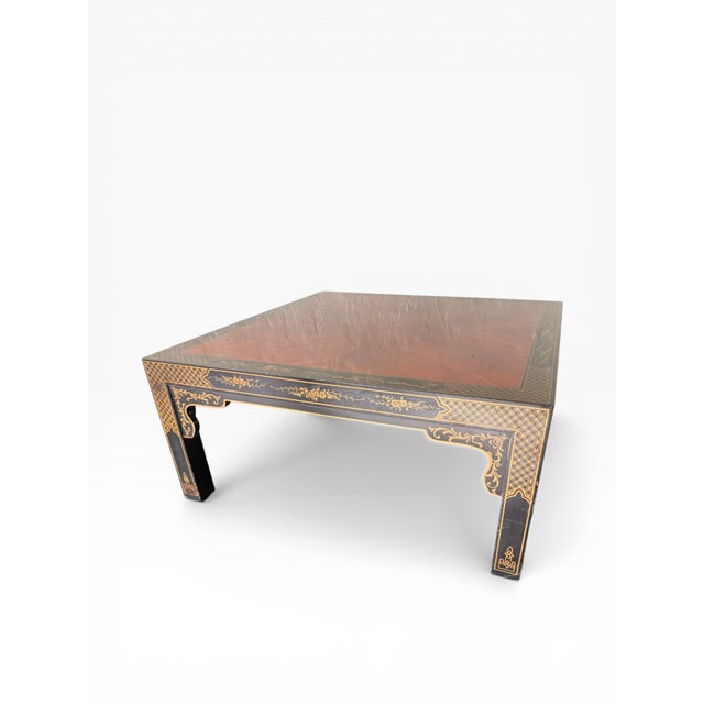 Chinoiserie 1980s Drexel Heritage Chinoiserie Parsons Coffee Table, Lacquered With Gilt Asian Motif Inlay For Sale - Image 3 of 11