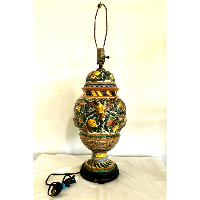 Vintage Italian Majolica Lamp With Rams' Heads Handles For Sale - Image 4 of 9