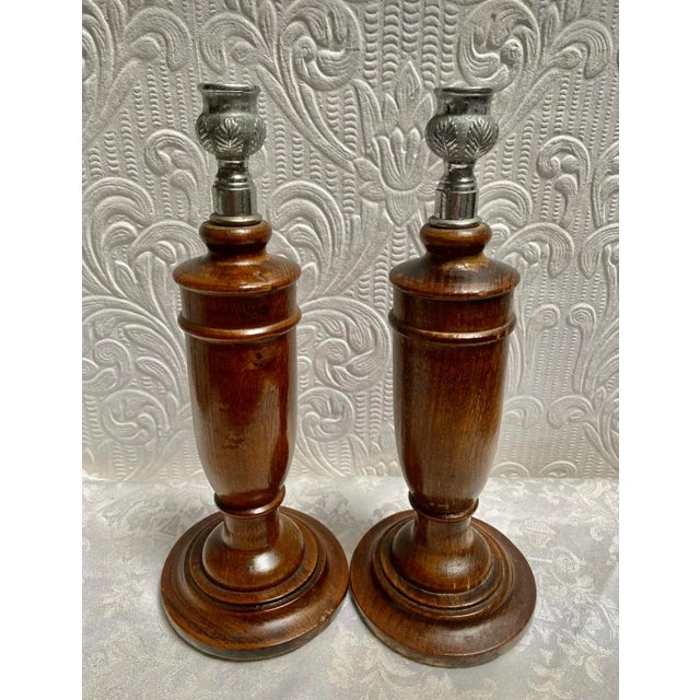 Wood Antique 1890's Oak English Candlesticks Silver Leaf Tops- a Pair For Sale - Image 7 of 11