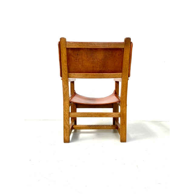 Vintage French Brutalist Castle Armchair in Oak and Cognac Leather, 1920s For Sale - Image 13 of 16