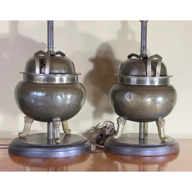 Pair of Antique Chinese Incence Burner Table Lamp For Sale - Image 10 of 13