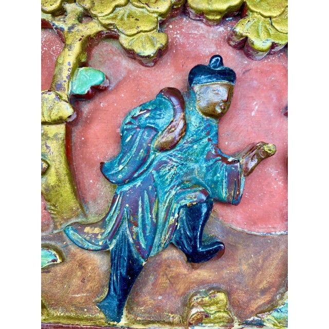 Rare Set of 3 Antique Chinese Gilt Wood Carved Panels | Qing Dynasty Chinoiserie Wall Art For Sale - Image 12 of 17