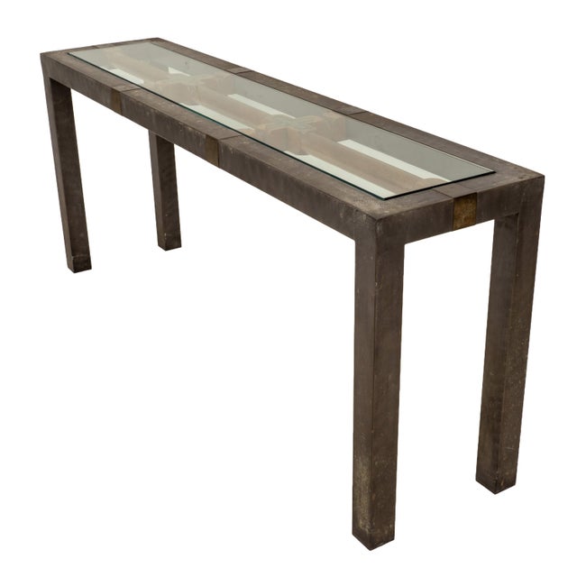 Vintage Brutalist Iron, Brass & Wood Console Table W/ Thick Beveled Glass Insert For Sale - Image 4 of 18