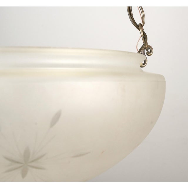 Mid 20th Century Mid 20th Century Restored Frosted Etched Glass Bowl Brass Chain Pendant Light For Sale - Image 5 of 12