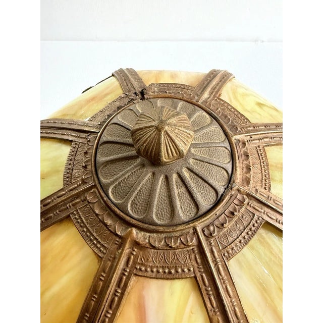 Art Nouveau Antique Art Nouveau 8 Panel Slag Glass Lamp With Desert Scene Palm Trees, for Repair For Sale - Image 3 of 18