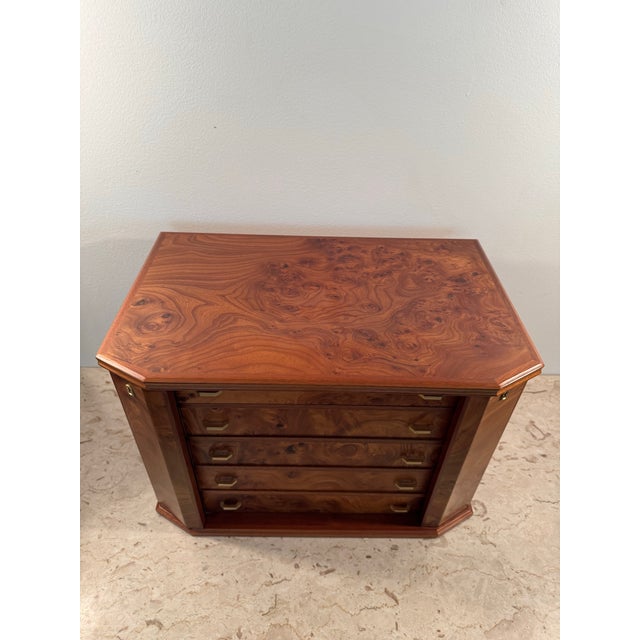 Heavy Large Burlwood Jewelry Box Chest Safe With Locks and Beige Lining, Made in Italy For Sale - Image 10 of 12
