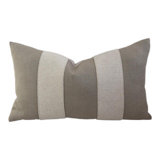 French Taupe and Cream Appliqué Stripes Wool & Linen Feather/Down Pillow For Sale
