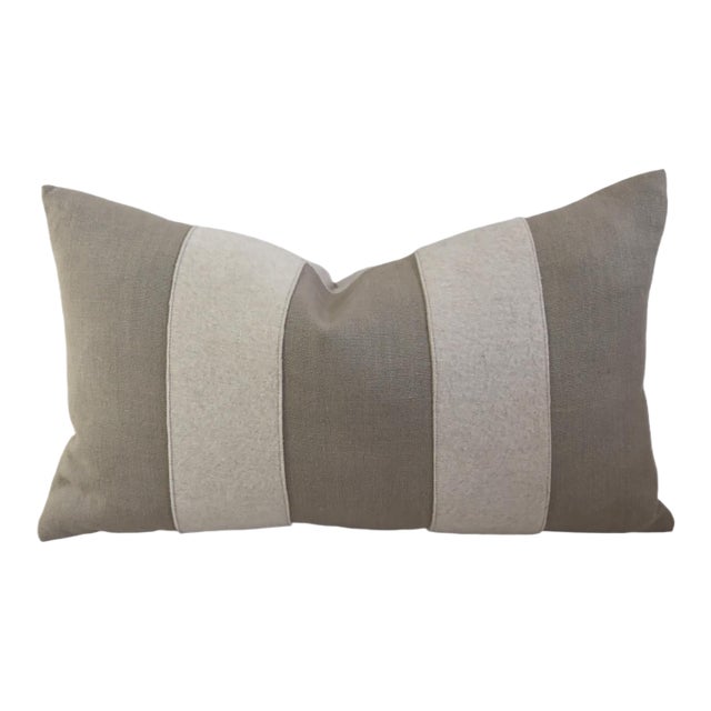 French Taupe and Cream Appliqué Stripes Wool & Linen Feather/Down Pillow For Sale