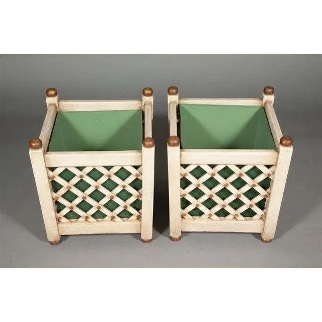 English Pair of Lattice Motif Painted Wood Planters For Sale - Image 3 of 3