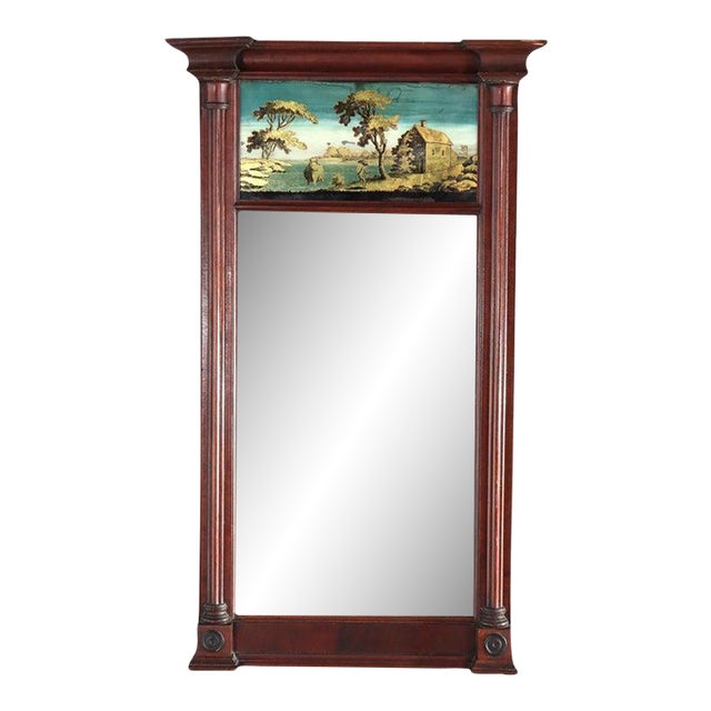 Antique Federal Mahogany Veneer Mirror With Englomise Landscape Panel C1830 For Sale
