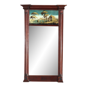 Antique Federal Mahogany Veneer Mirror With Englomise Landscape Panel C1830