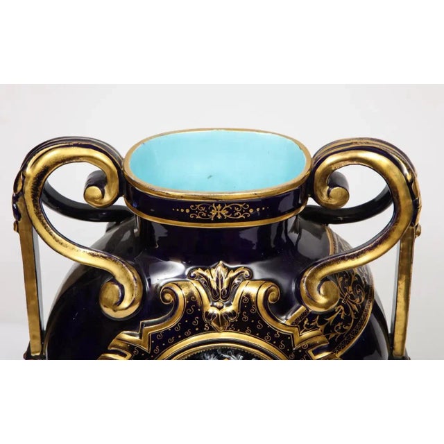 Pair of Late 19th Century Cobalt Blue Porcelain and Limoges Enamel Portrait Vases For Sale - Image 10 of 12