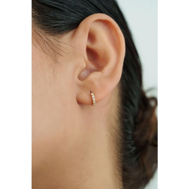 White Contemporary Natural Diamond Huggie Hoop Earrings in 18k Yellow Gold- A Pair For Sale - Image 8 of 14
