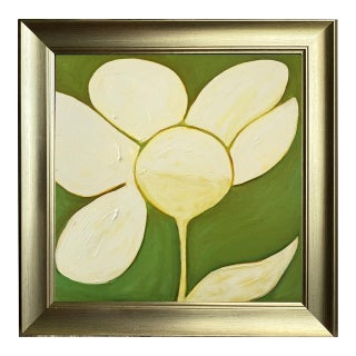 Original Framed Flower Painting, Green Botanical Wall Art, Oil on Canvas in Gold Frame, 14x14 Minimalist Boho Home Decor For Sale