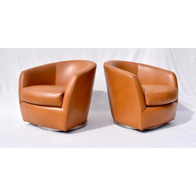 Thayer Coggin Thayer Coggin Turn Swivel Chairs in Chestnut Leather For Sale - Image 4 of 10