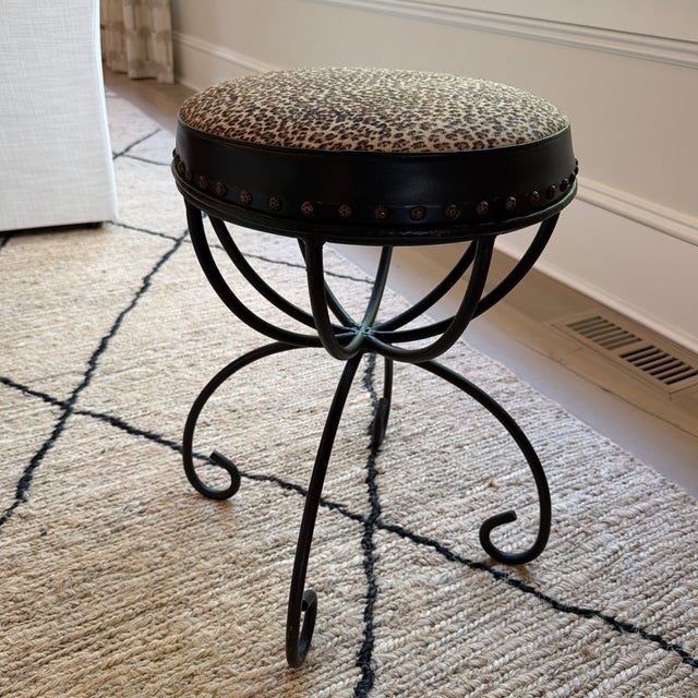 Mid 20th Century Vintage Wrought Iron Vanity Stool With Leopard Upholstery For Sale - Image 5 of 10