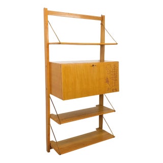 Wall-Mounted Bookcase with Light Wood and Brass, 1960s For Sale