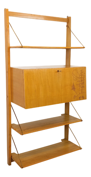 Wall-Mounted Bookcase with Light Wood and Brass, 1960s