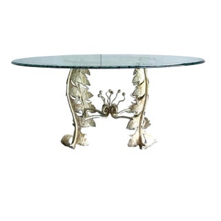 Vintage Boho Patinated Iron Dining Table With Etched Glass Top For Sale