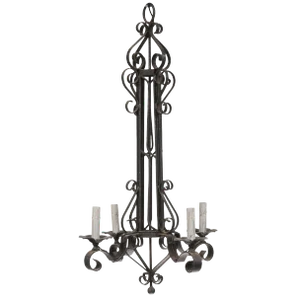 Tall French Four Light Black Iron C-Scrolled and S-Scrolled Chandelier