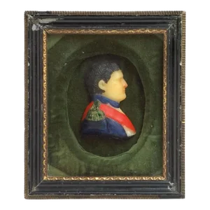 19th Century French School Miniature Polychrome Wax Relief Portrait of Napoleon