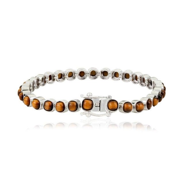 Art Deco Tiger’s Eye Cushion Cut Tennis Bracelet in 925 Silver For Sale - Image 3 of 12