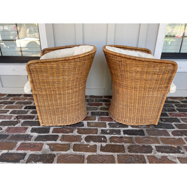 Vintage Coastal Style Wicker Barrel Accent Chairs With White Cushions