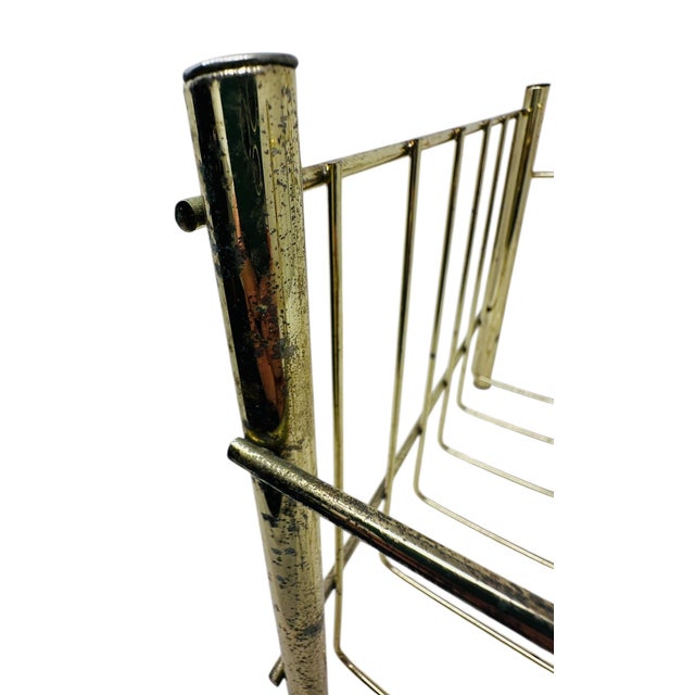 Vintage 1970s Gold Tone Magazine Rack | Mid Century Modern Wire Record Storage Holder | Retro Brass Finish Floor Stand Display | Worn Patina For Sale - Image 9 of 12