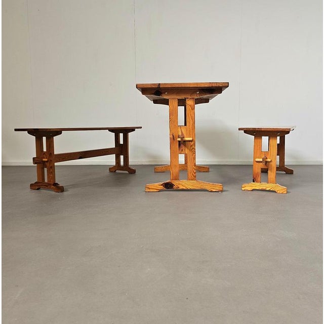 Wood Scandinavian Modern Pinewood Benches and Dining Table, 1970s, Set of 3 For Sale - Image 7 of 18