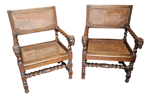 Early 20th Century Jacobean Oak Lionel Head Armchairs with Webbing, Set of 2