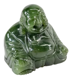 Late 20th Century Chinese Carved Dark Green Spinache Nephrite Jade Laughing Buddha