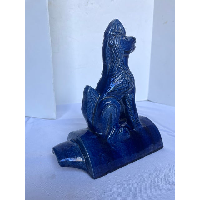 Ceramic • Vintage Chinese Cobalt Blue Glazed Figural Architectural Roof Tile Guardian Beast - 8" For Sale - Image 7 of 10