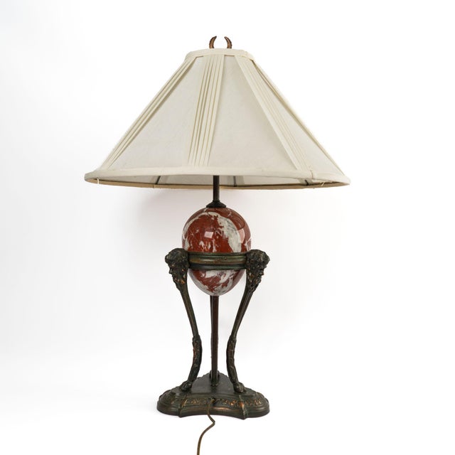 Vintage Neoclassical Athénienne Table Lamp With Red Marble Orb & Pleated Shade For Sale In New York - Image 6 of 17