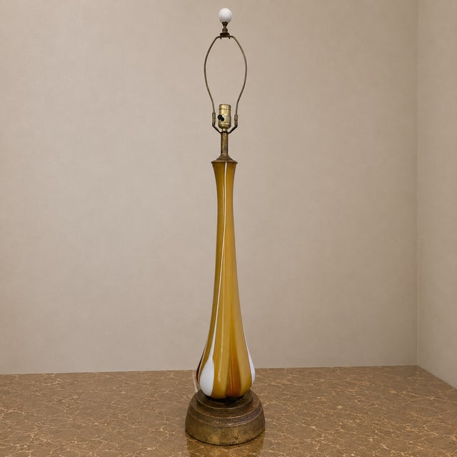 Metal Vintage Mid-Century Murano Style Handblown Amber & White Art Glass Table Lamp With Brass Base For Sale - Image 7 of 13