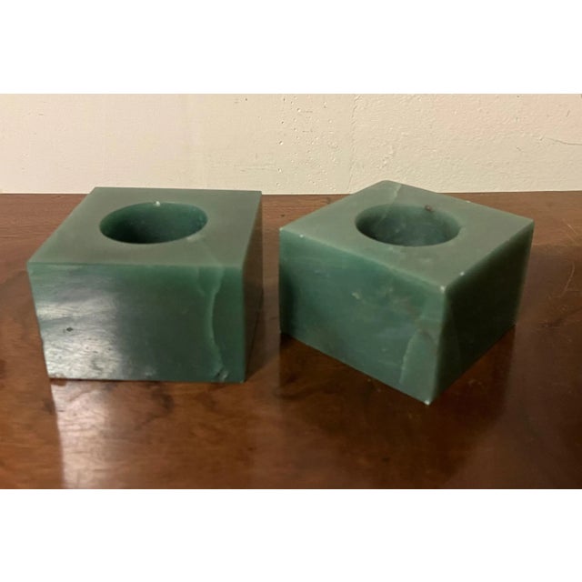 Pair green agate stone square display block cubes or candlesticks. Each block has a circular cut out on one side that may...