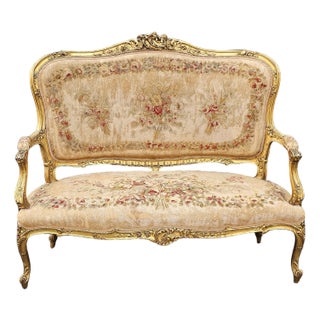 Louis XV Style French Carved & Tapestry Upholstered Aubusson Settee Circa 1890s For Sale