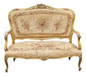 Louis XV Style French Carved & Tapestry Upholstered Aubusson Settee Circa 1890s