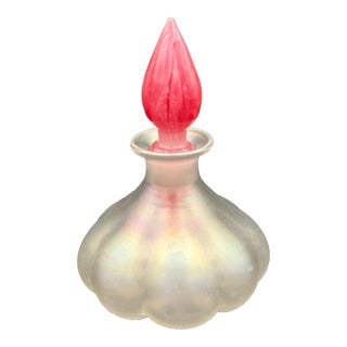 Vintage Iridescent Art Glass Perfume Bottle With Red Sculptural Stopper For Sale
