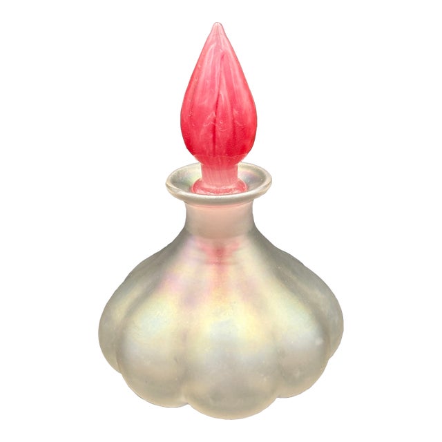 Vintage Iridescent Art Glass Perfume Bottle With Red Sculptural Stopper For Sale