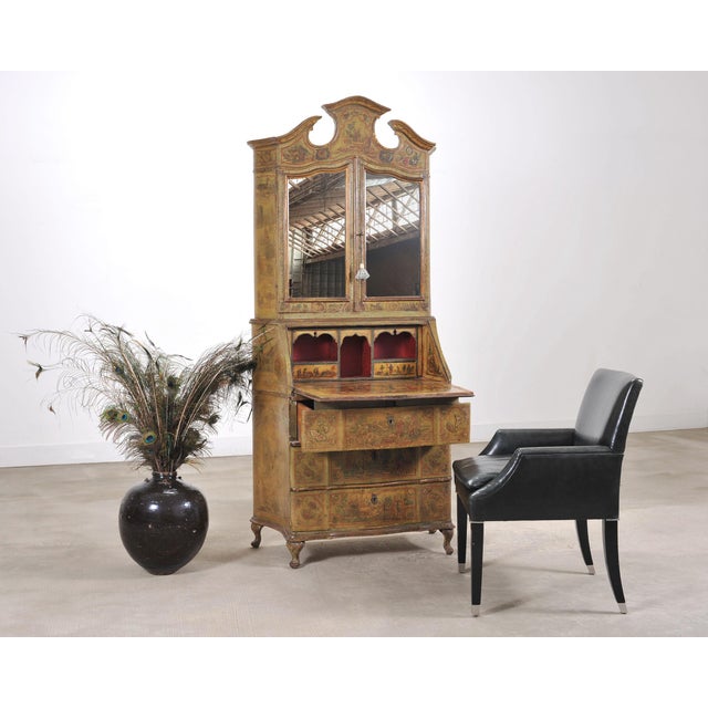 An elegant and imposing late 19th century two-part Italian secretary bookcase cabinet or desk crafted in the Venetian and...