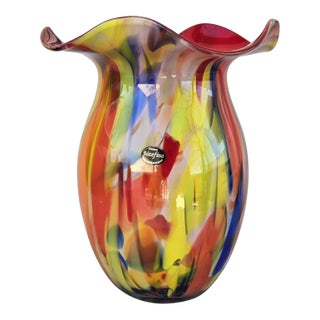 Vintage MCM Krosno Jozafina Multi-Color Rainbow Millefiori Poland Blown Art Glass Vase For Sale