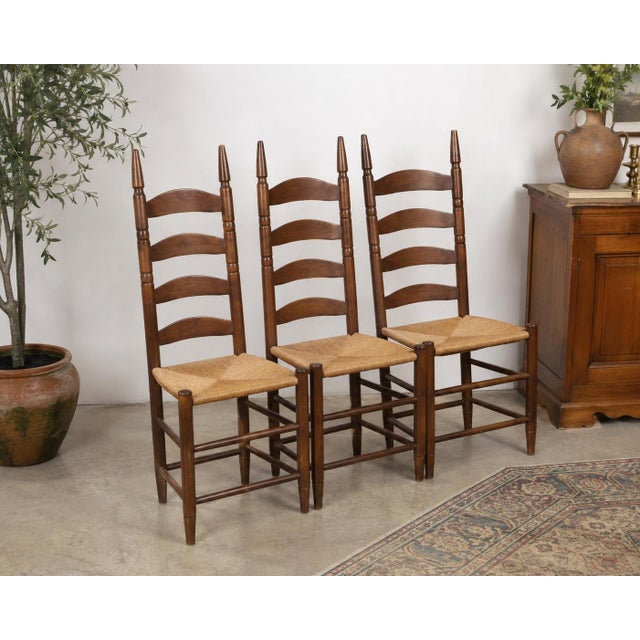 Late 20th Century Vintage American Tall Ladder-Back Rush Seat Dining Chairs — Set of 3 For Sale - Image 5 of 11