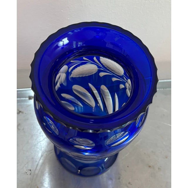 1920s-30s art deco blue glass cut-to-clear fluted vase. Excellent condition.
