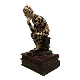 French Art Deco Hand-Painted Harlequin "The Thinker" Jester Bookend For Sale